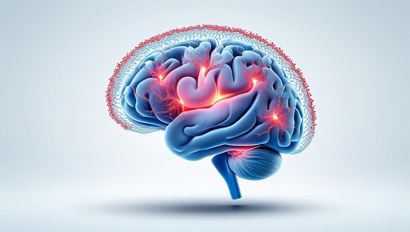 Illustration of human brain with highlighted neural activity and glowing red pathways