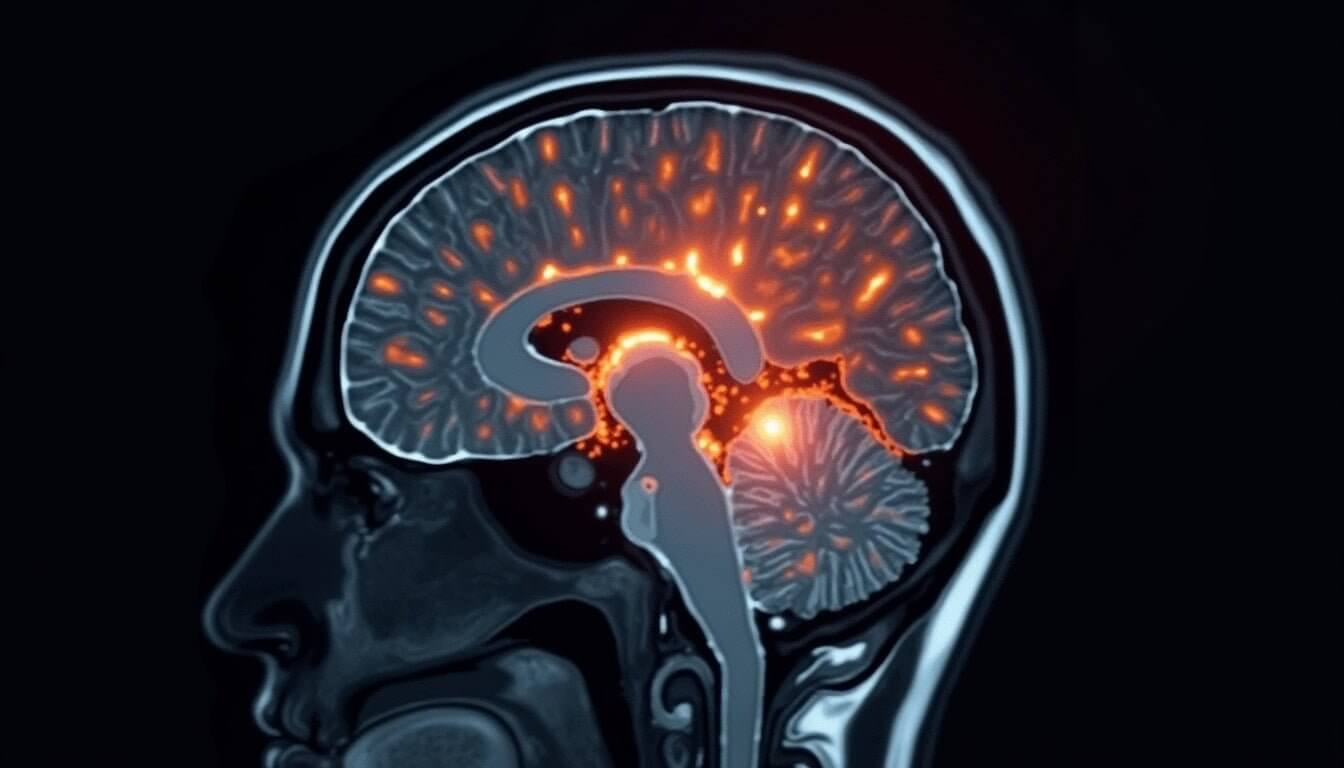 MRI style image of human brain with highlighted glowing regions