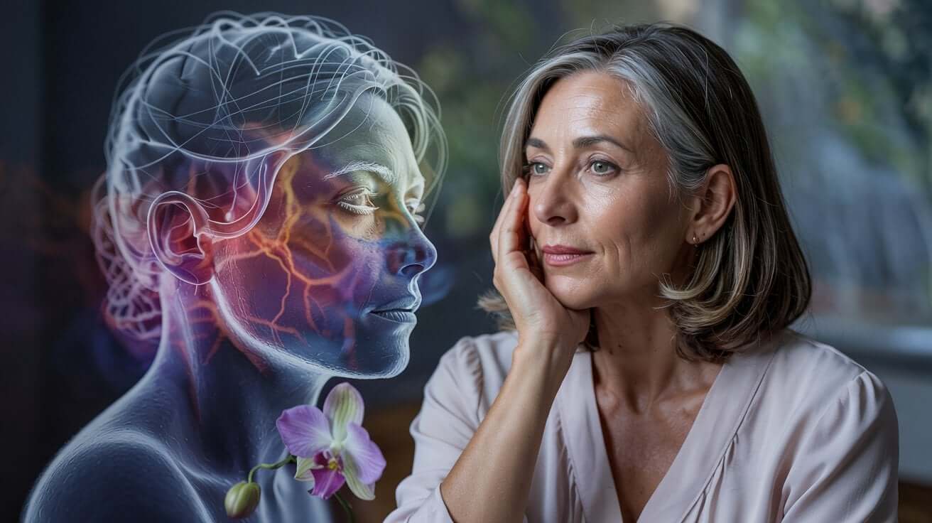 Woman sitting beside digital illustration of her brain