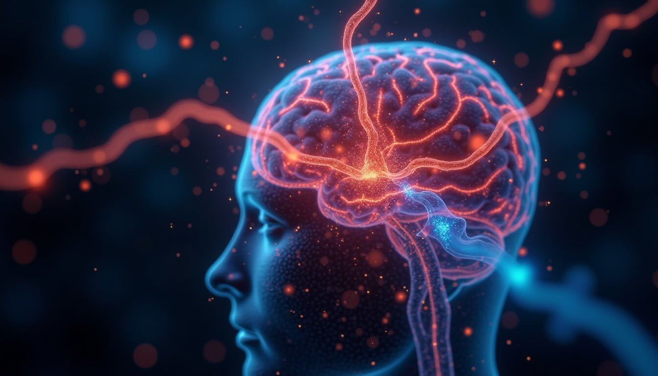 Illustration of human brain with glowing neural pathways and blood vessels