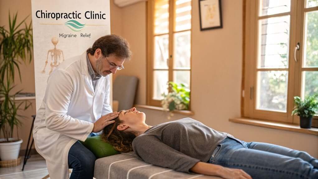 Chiropractor examining woman lying on treatment table in clinic