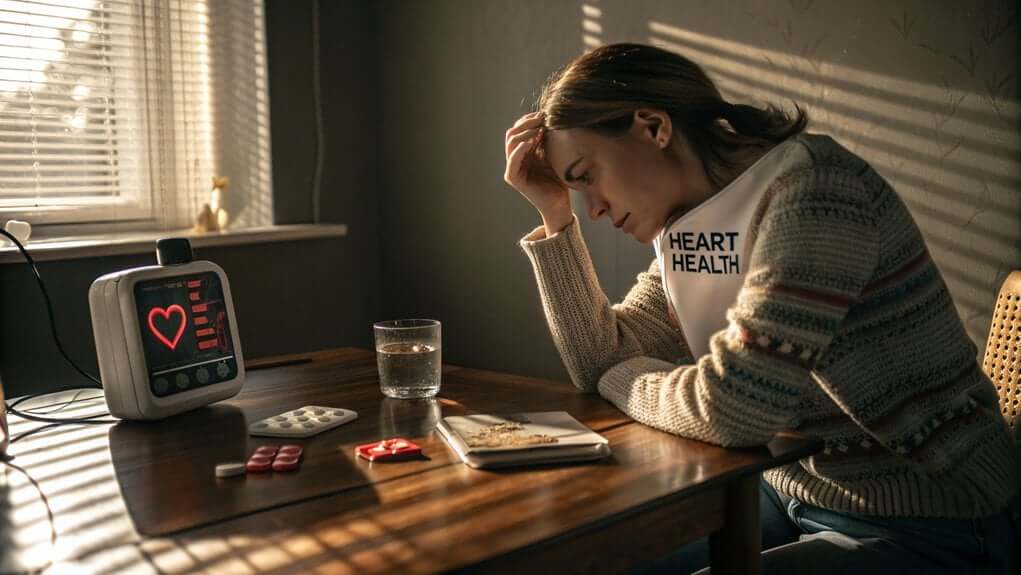 Woman sitting at table with head in hand beside heart monitor