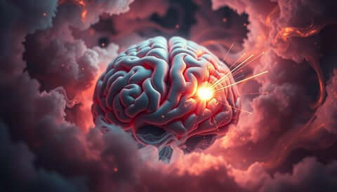 Human brain illustration with glowing pain point and lightning