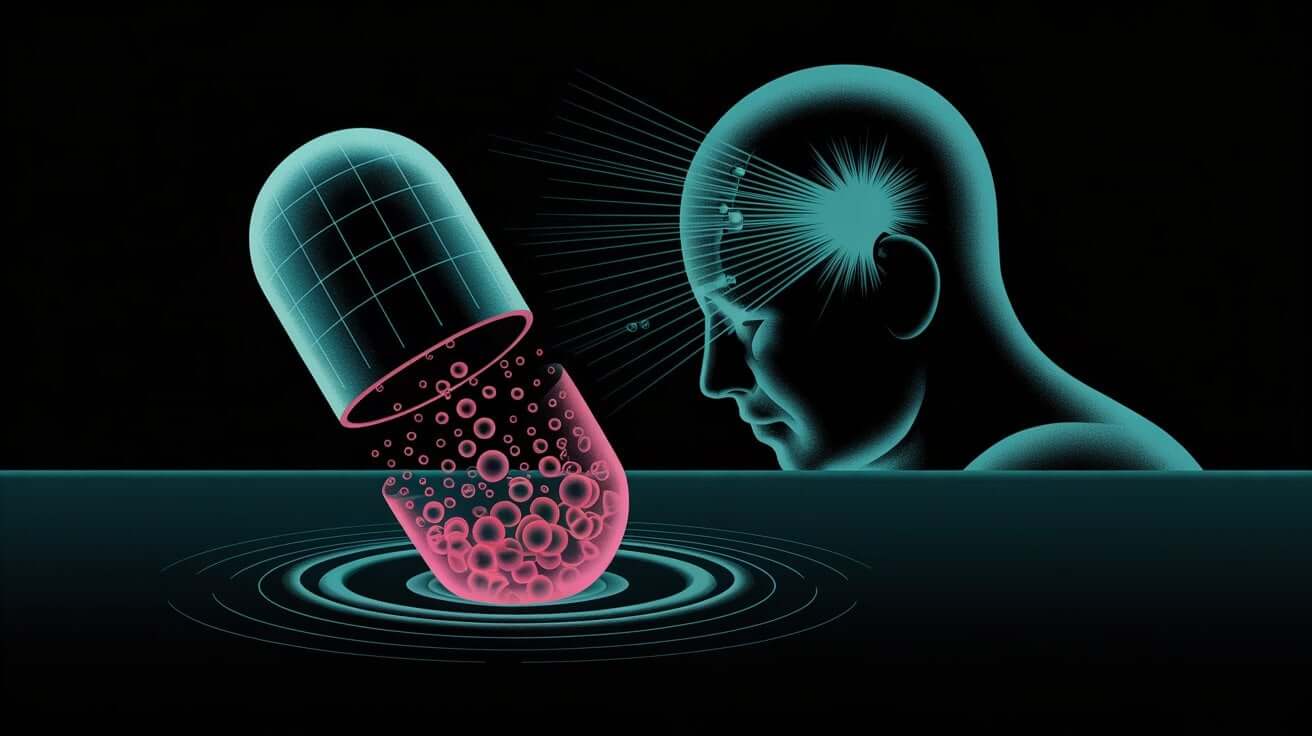 Illustration of capsule with bubbles beside human head