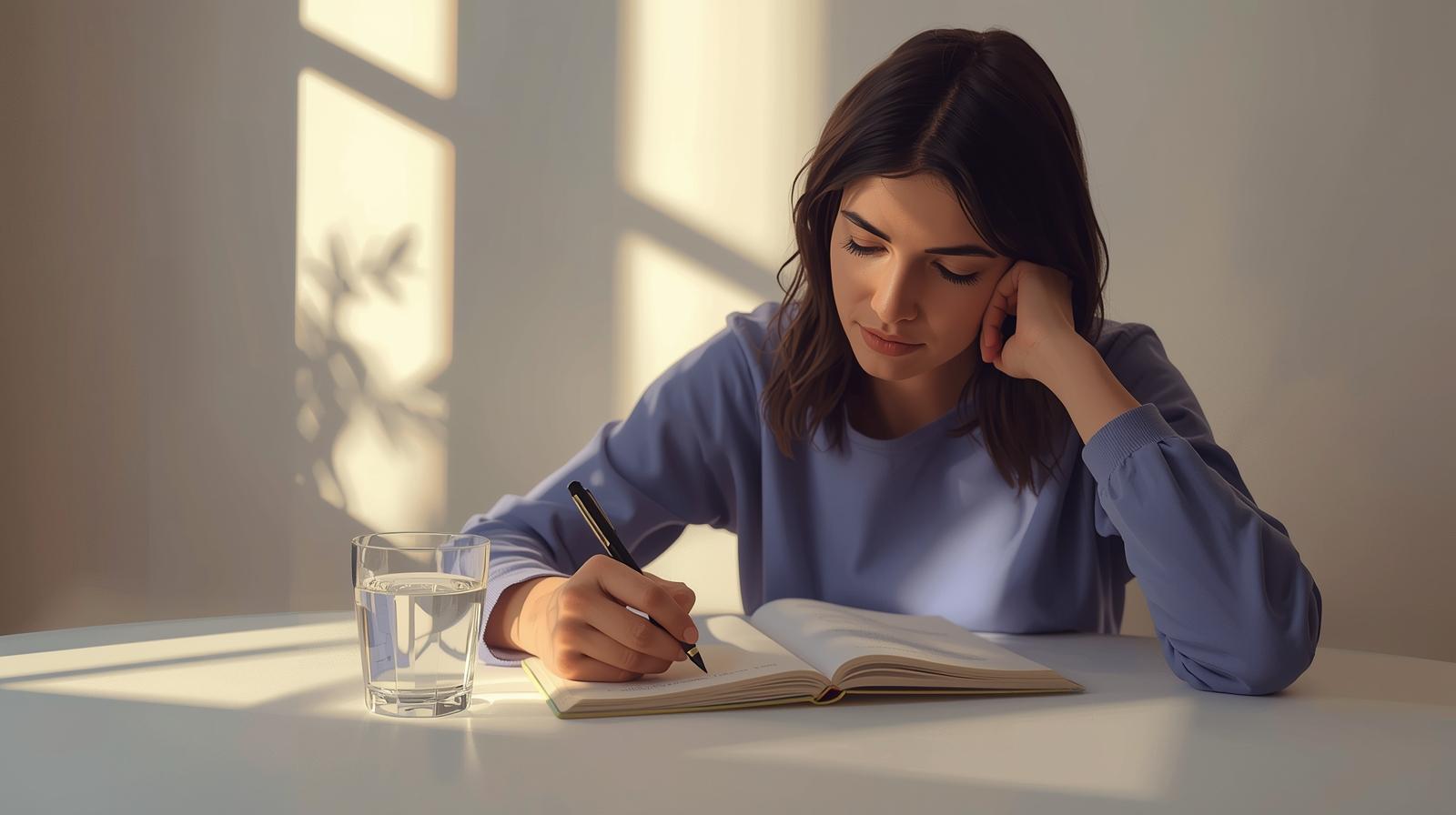 Adult writing symptom notes in a quiet setting.