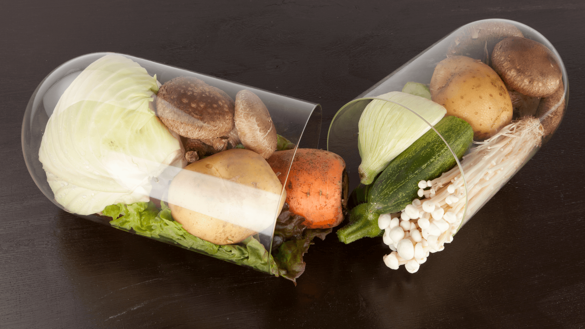 Conceptual image of a dietary supplement capsule containing food ingredients, symbolizing nutrient intake