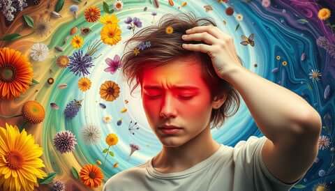 Person holding head in pain with colorful swirling background