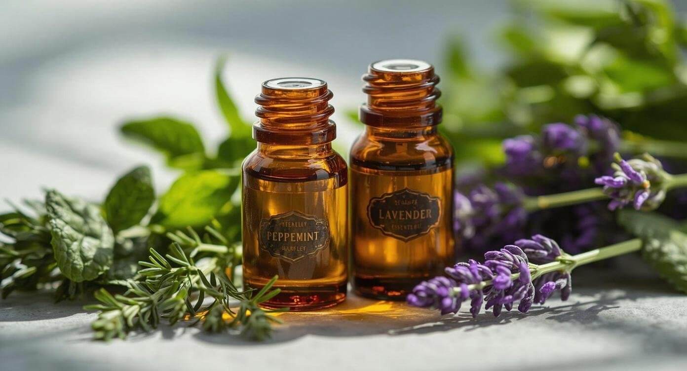 Small amber bottles of peppermint and lavender essential oils with fresh herbs