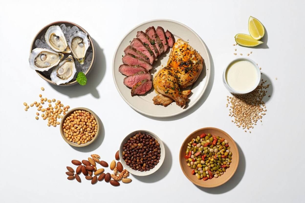 Assorted zinc rich foods including oysters beef chicken legumes nuts seeds and dairy