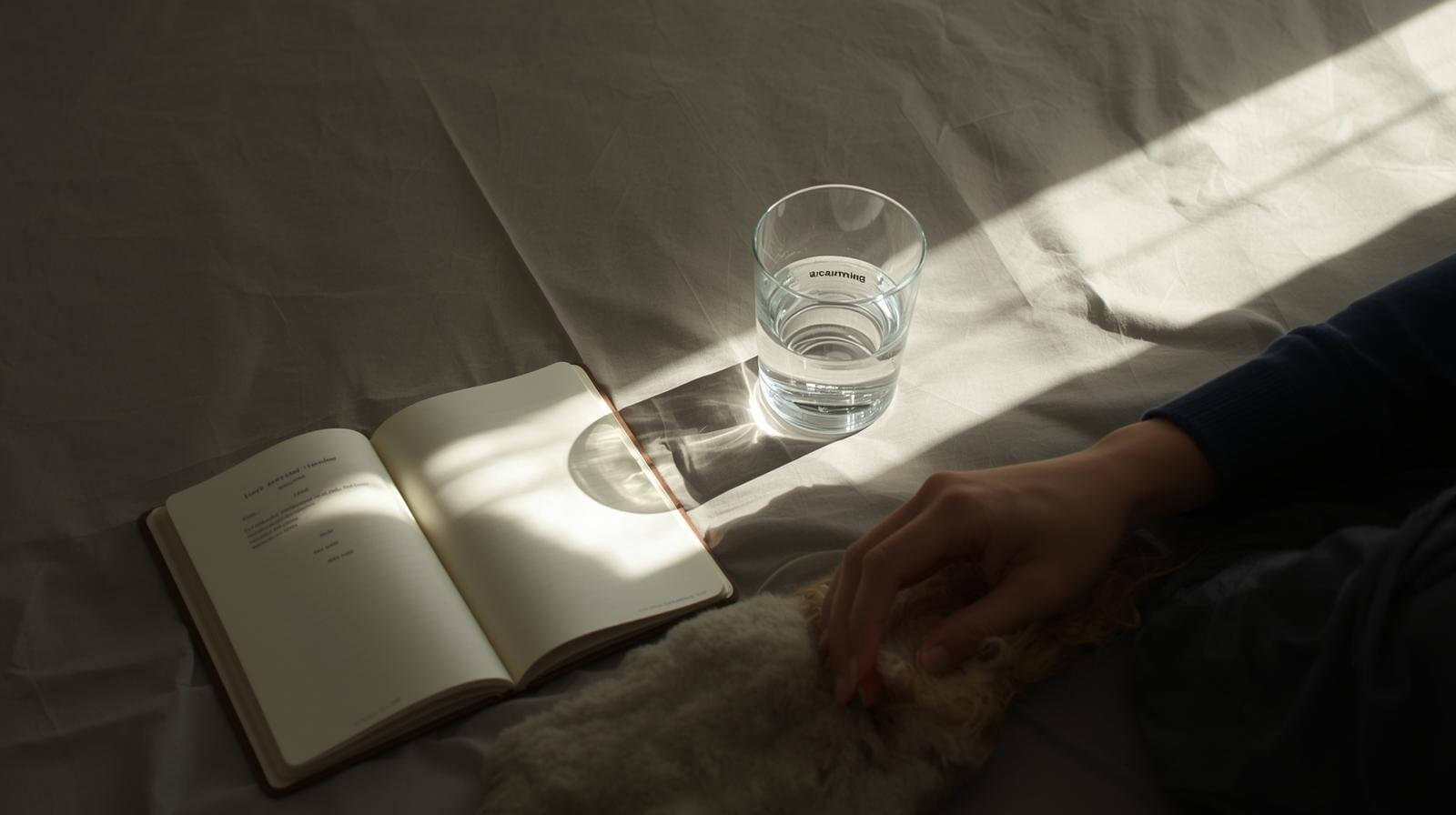 Person resting with water and notebook representing balanced routines for migraine support