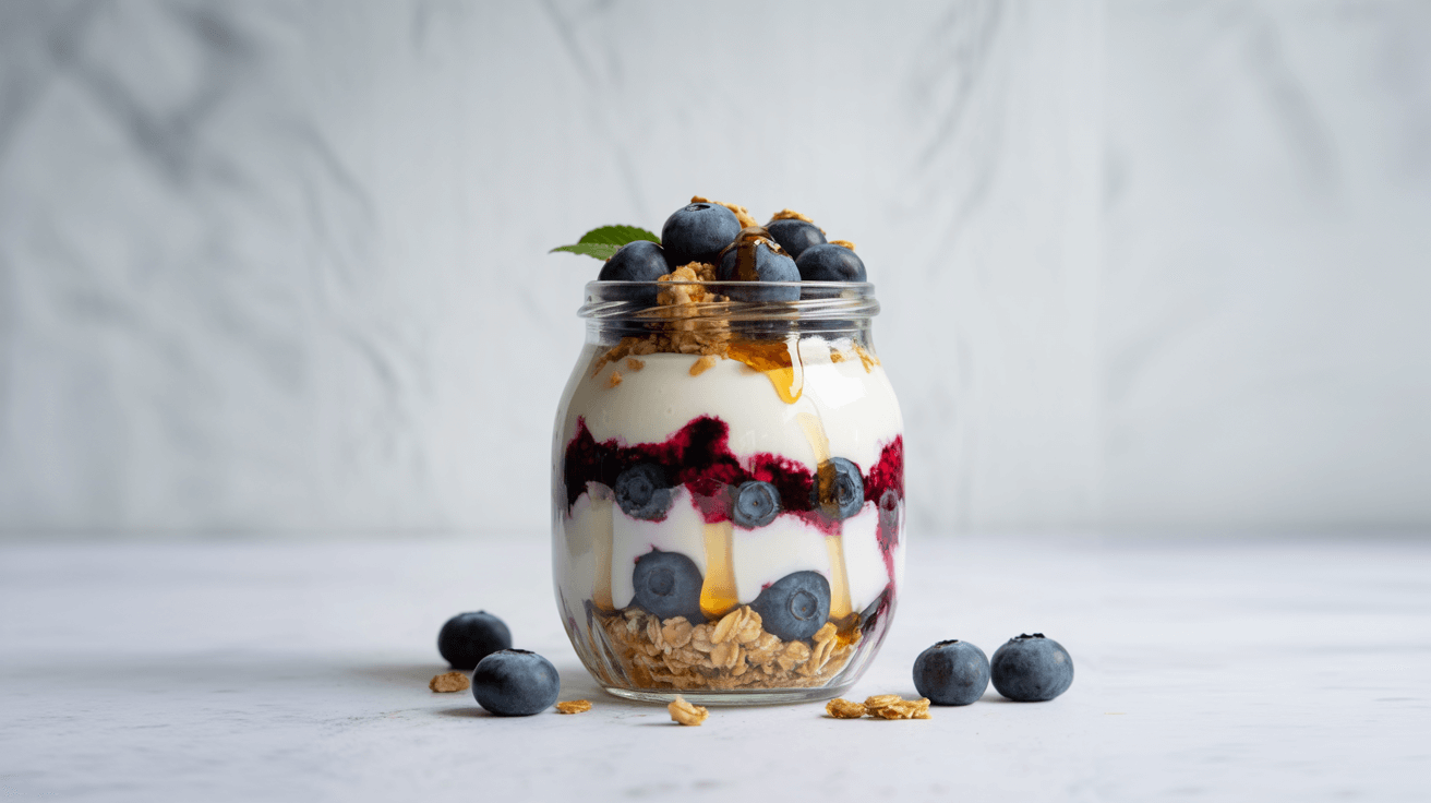 Coconut yogurt parfait layered with blueberries