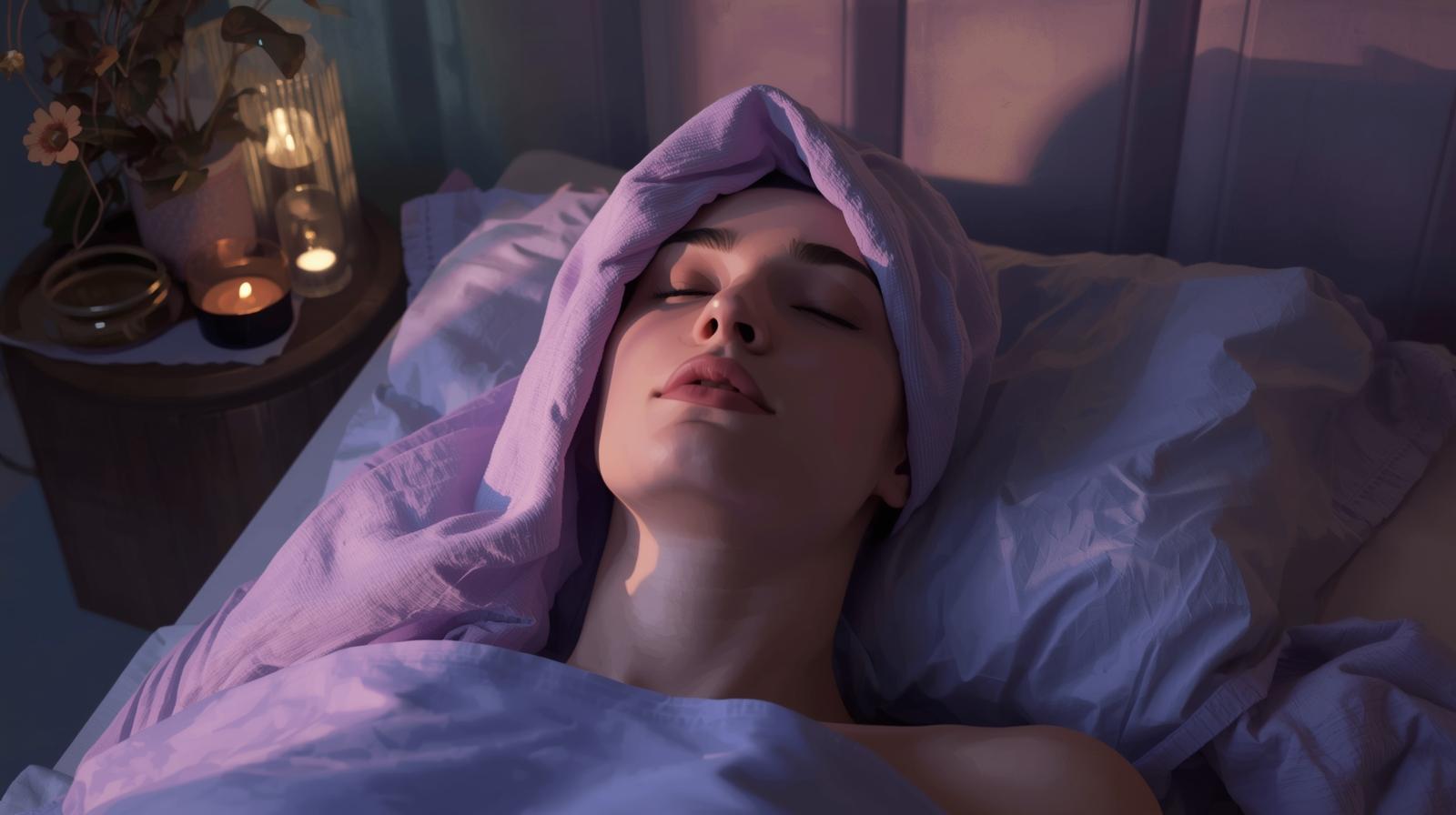 A person resting in a dim room using a cool cloth for natural migraine relief