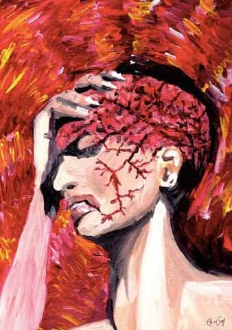 Abstract painting of person holding head with red cracked patterns