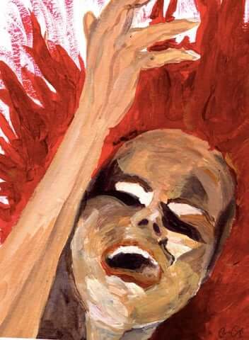 Expressionist painting of person with raised arm and anguished face