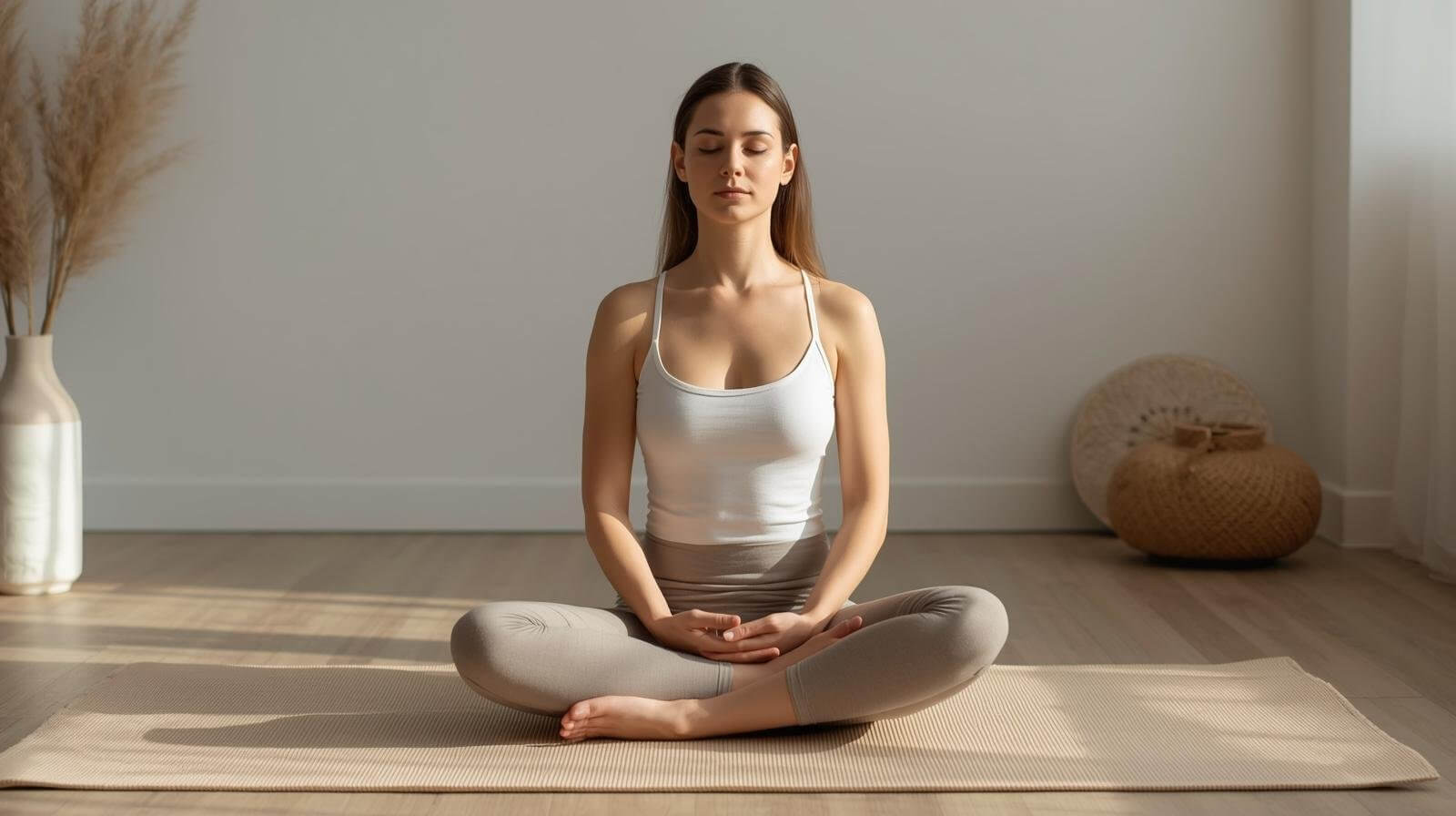 A woman practicing gentle breathing and mindfulness for getting rid of a migraine naturally