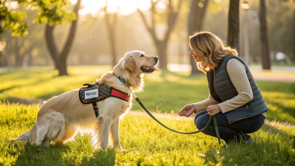 Woman kneeling in park while training golden retriever service dog