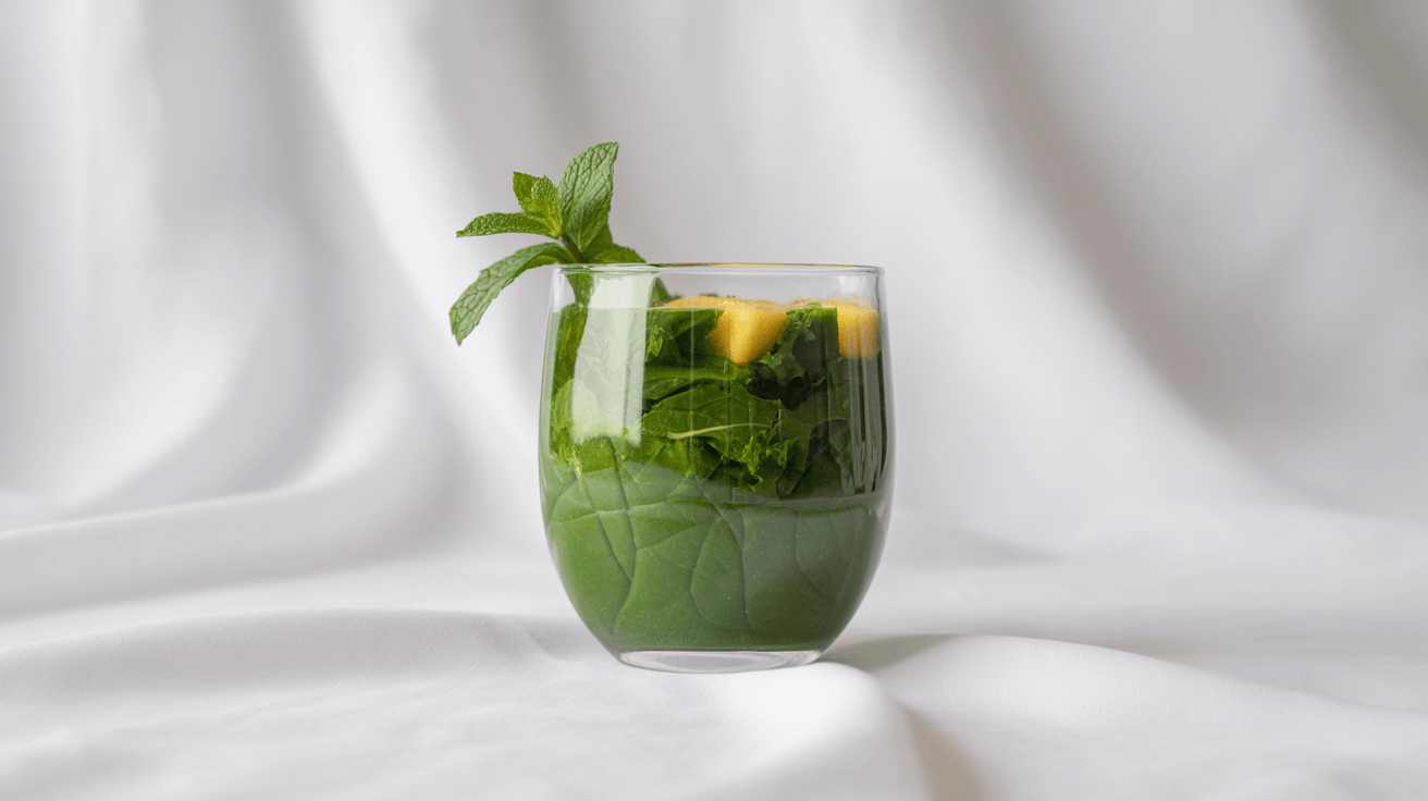 Green smoothie with spinach, mango, and mint leaves
