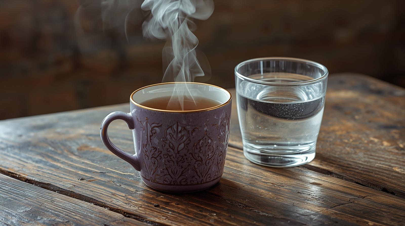 Herbal tea and water for migraine hydration relief.