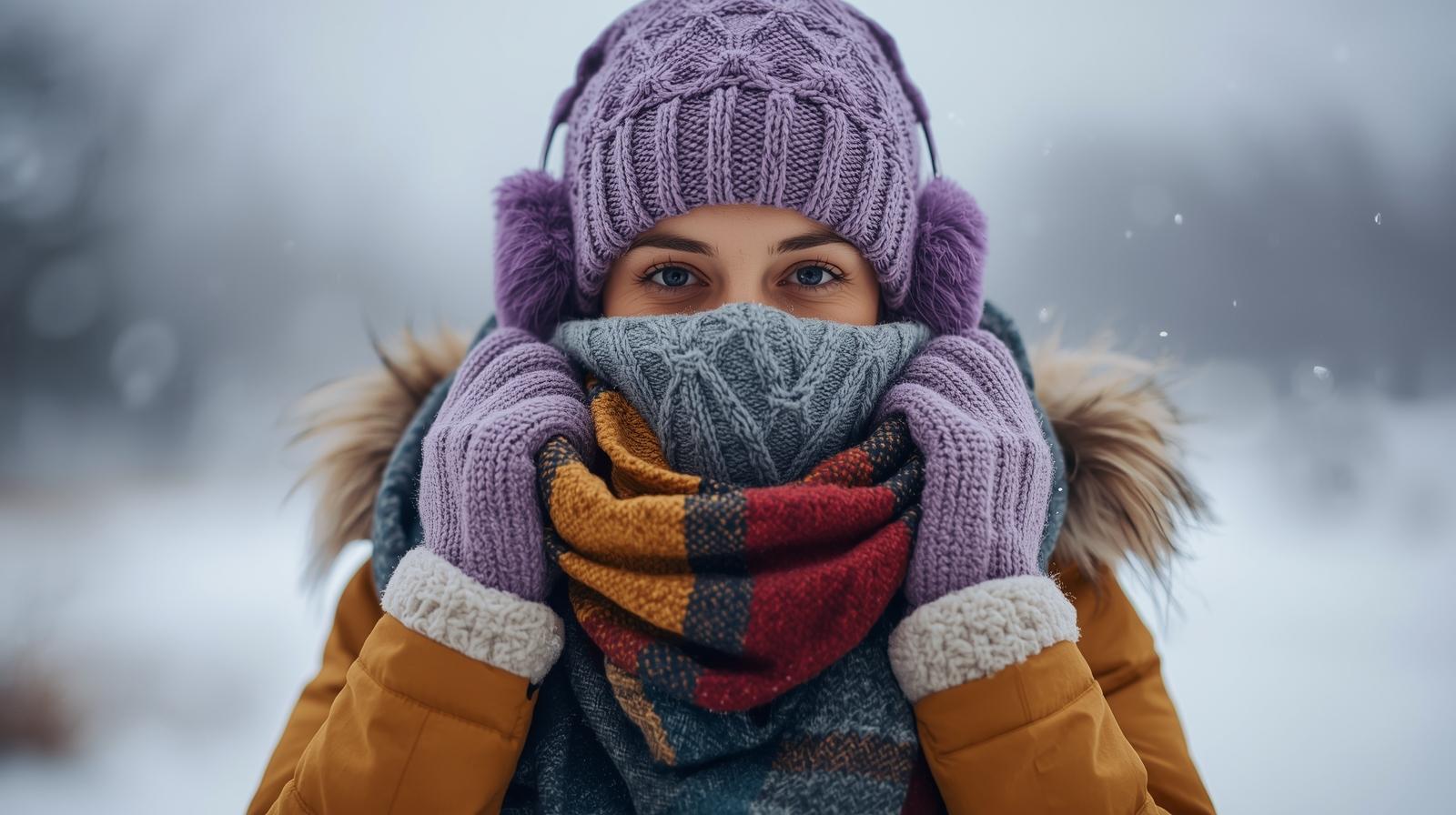  Warm winter layers like scarf, hat, and earmuffs to help manage cold weather triggers.