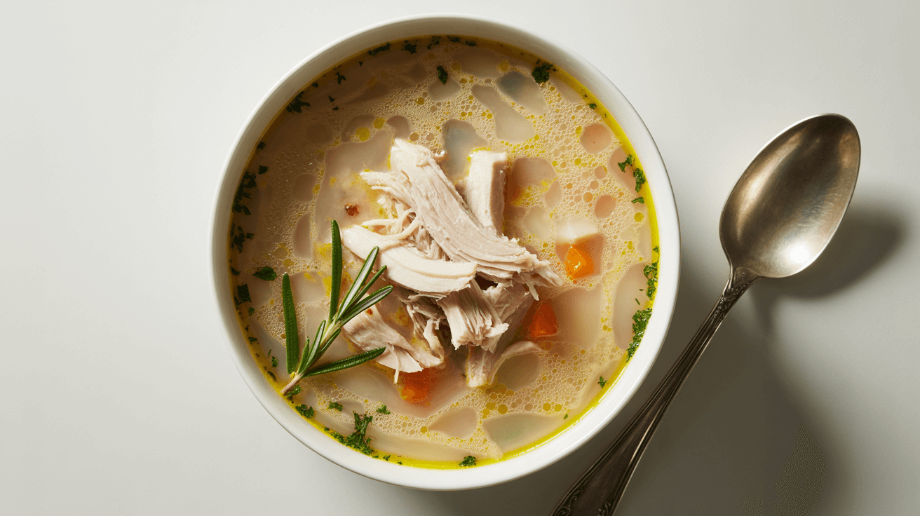 Bone broth soup with turkey, carrots, and parsley in a bowl