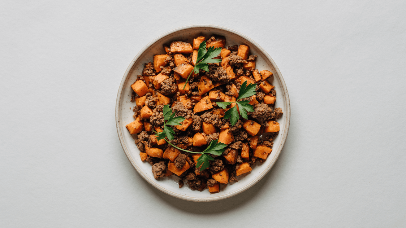 Bowl of ground lamb and sweet potato hash