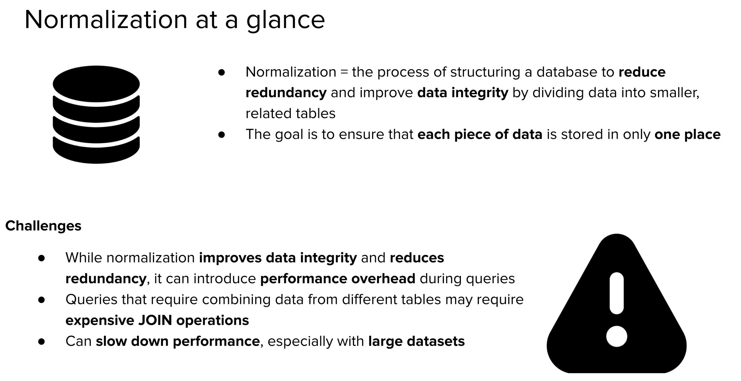 Slide titled "Normalization at a glance" explaining that normalization reduces redundancy and improves data integrity by dividing data into related tables, ensuring each piece of data is stored in one place. The slide also highlights challenges: normalization can introduce performance overhead, require expensive JOIN operations, and slow down performance for large datasets. Includes icons representing databases and a warning symbol to reinforce key ideas visually.