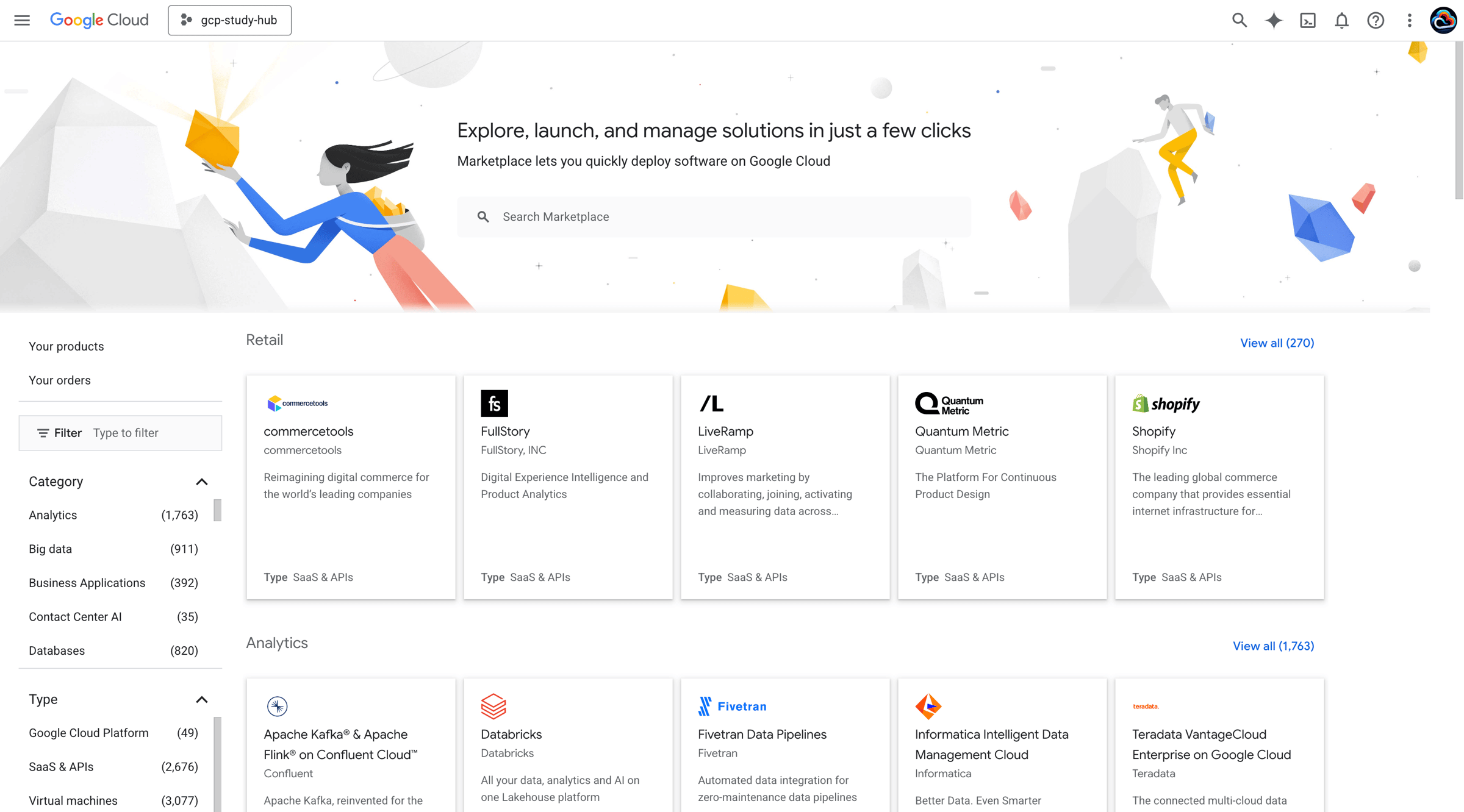Screenshot of the Google Cloud Marketplace interface, showing featured software solutions in categories like Retail and Analytics, with options such as commercetools, Shopify, Databricks, and Fivetran displayed in a tile layout within the GCP console.