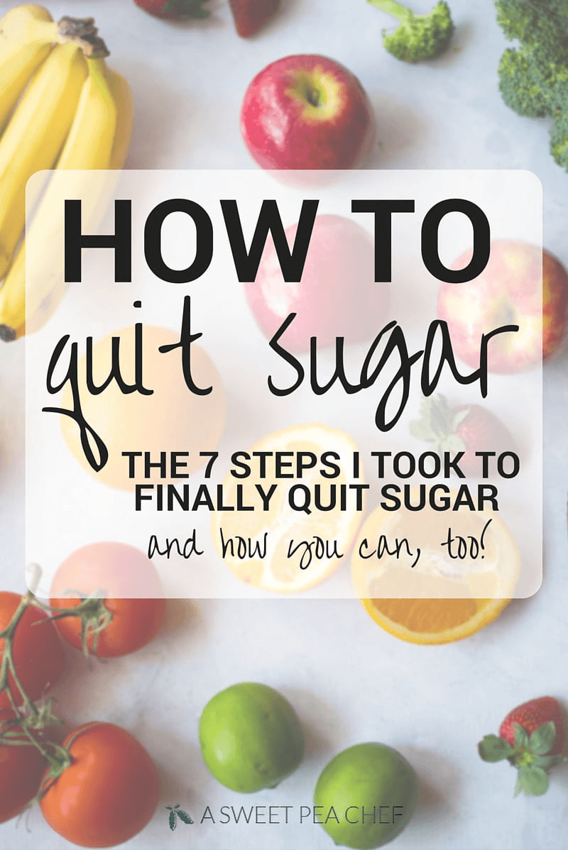A photo oif fruits and vegetables with the words "How To Quit Sugar" written in the middle.