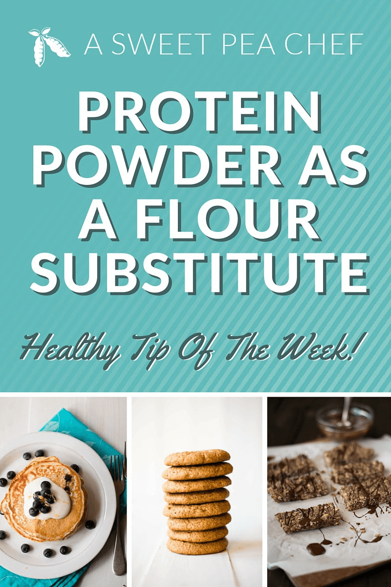 A photo of a blue background with three photos at the bottom, one with pancakes, one with cookies, and one with bars. With the words in the blue background saying "Protein Powder As A Flour Substitute".
