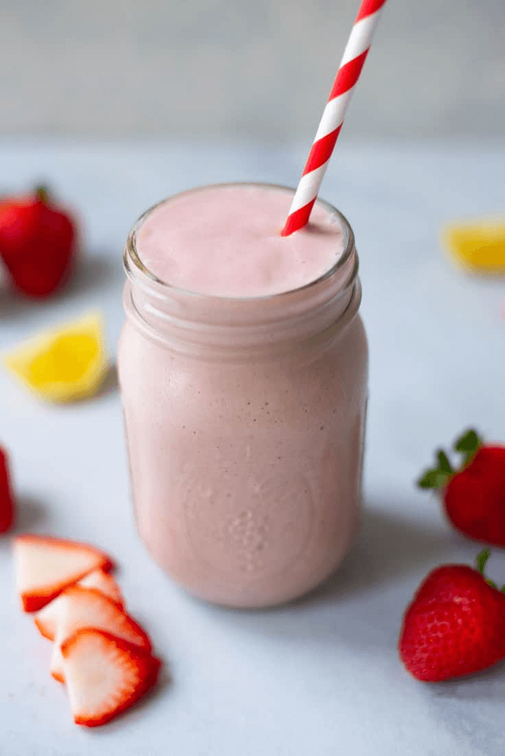 A finished version of strawberry cheesecake protein smoothie.