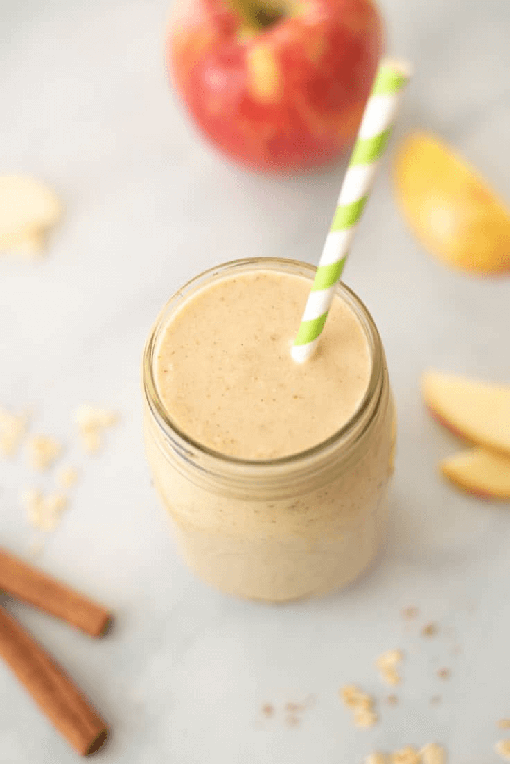 A photo of a finished and plated apple crisp smoothie