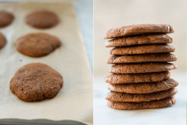 An image of baked healthy ginger molasses cookies on a tray, the next image shows a stack full of ready to eat ginger cookies.