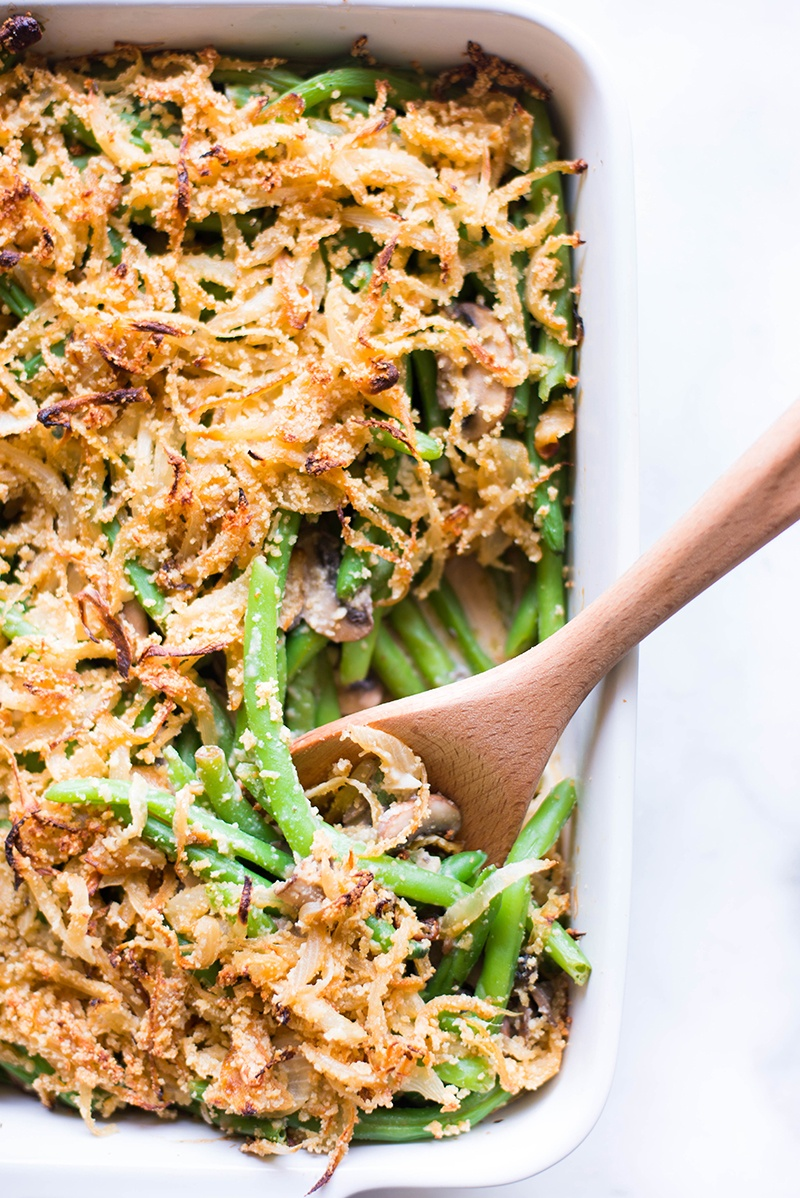 A photo of baked healthy green bean casserole.