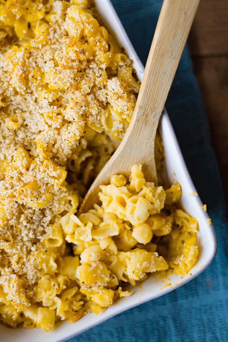 An image showing a baked and ready to eat healthy mac and cheese.