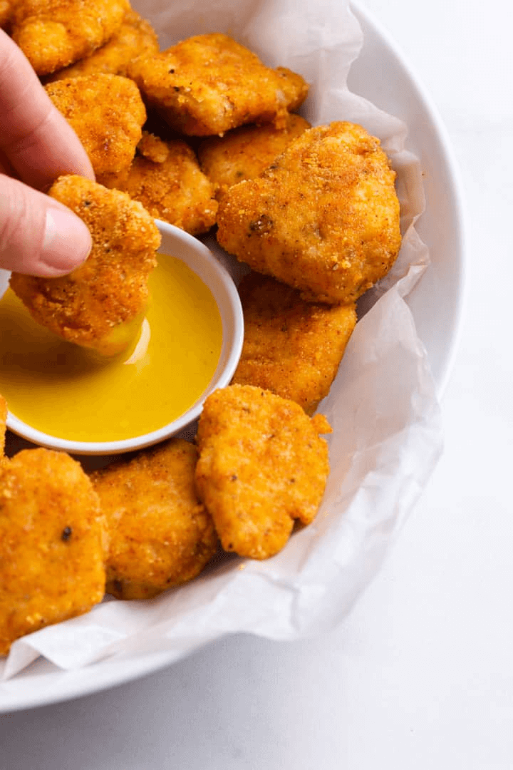 An image of healthy chicken nuggets ready to eat.