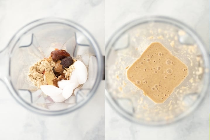 Two photos side by side one shows ingredients for an apple crisp protein smoothie before being blended, the other shows that same blender full of ingredients but after being blended.