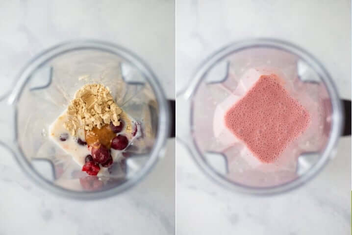 Two photos side by side, one has the ingredients for a cherry vanilla protein smoothie in a blender ready to blend. The other has a photo of after that blender blended.