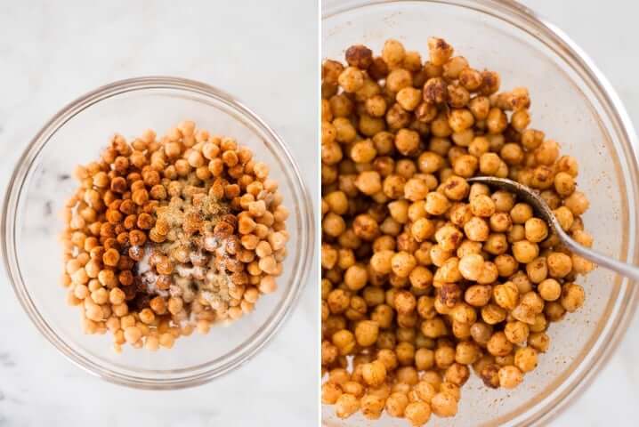 Two photos side by side, one with unmixed seasonned chickpeas in a bowl, the other has the photo of those chickpeas after it had been mixed.
