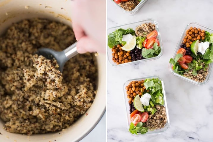 Two photos side by side one with quiona in a pot being stirred, the other a finished and plated meal prep containers holding chipotle chickpea taco bowl meal prep.