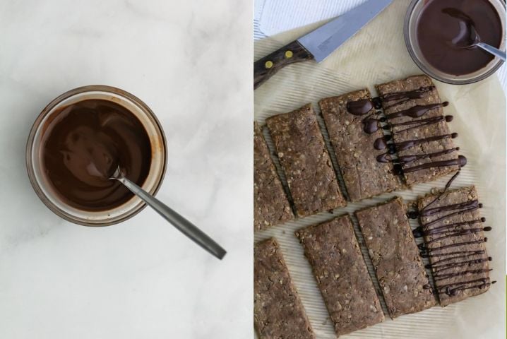 Two images side by side the image on the left shows melted chocolate in a bowl, the other shows that same chocolate being drizzeled over the chocolate peanut butter protein bars.