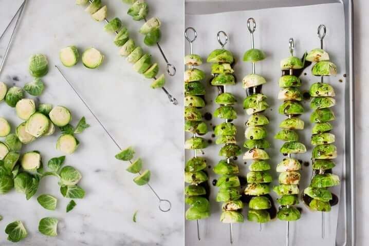 Two photos side by side each showing how to make grilled brussel sprouts.