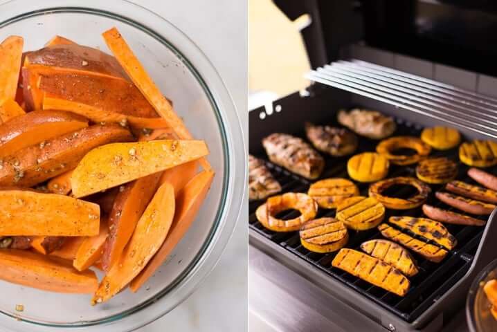Two photos side by side both showing how to make grilled sweet potatoes.