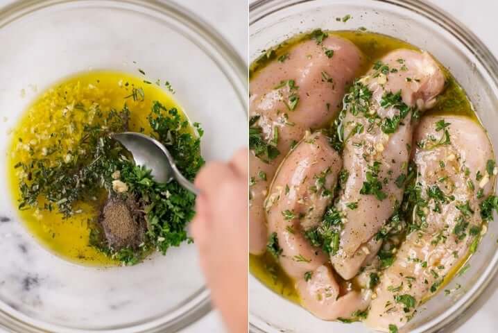 Two images side by side both showing how to make healthy grilled chicken.