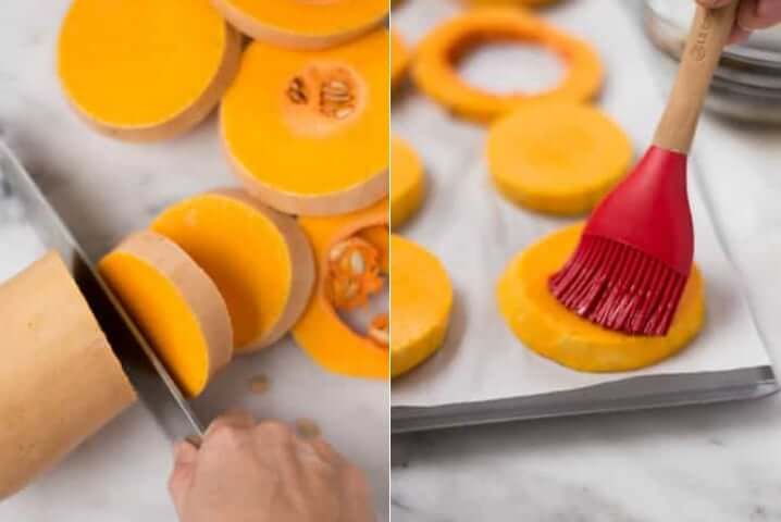 Two photos side by side each showing how to make grilled butternut squash.