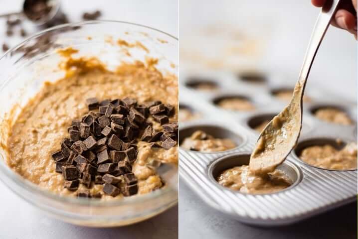 Two photos side by side one with a muffin mixture with chocolip chips, the other with that same batter being poured into muffin tins.