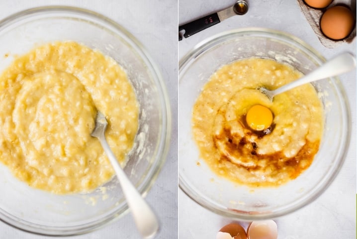 Two photos side by side, one with a bowl full of mashed bananas, the other that same bowl but with an egg.