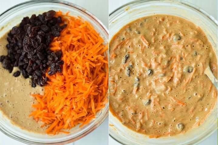 Two photos side by side one shows an image of a clear bowl full of ingredients for healthy carrot cake recipe. The other shows that same bowl of ingredients but after being fully mixed.