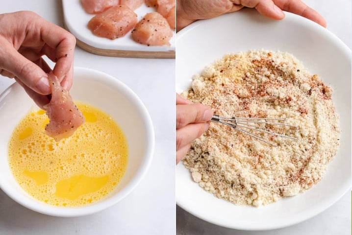 Two photos side by side one showing chicken being dipped into an egg mixture, th eother photo shows a mixture of flour for the chicken to be breaded in.