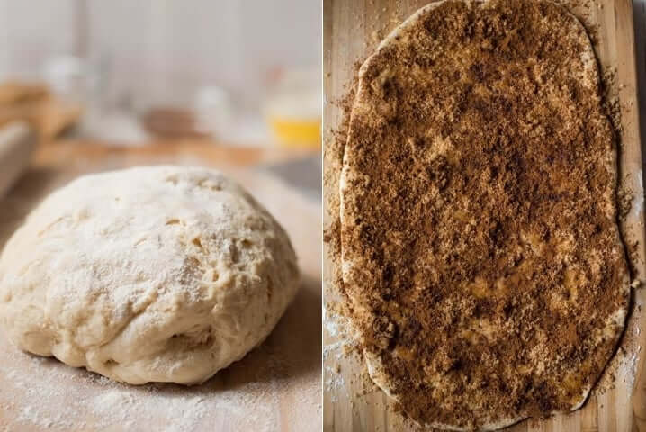Two photos side by side both showing the dough for healthy cinnamon rolls, the second shows the dough layed out and having the cinnamon sugar filling spread out evenly.