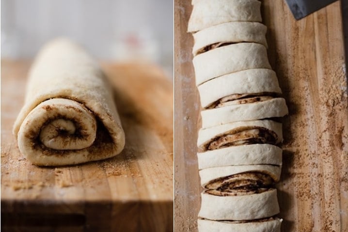 Two photos side by side both are showing a rolled up cinnamon roll uncooked, the second photo shows the same roll but after being cut into pieces.